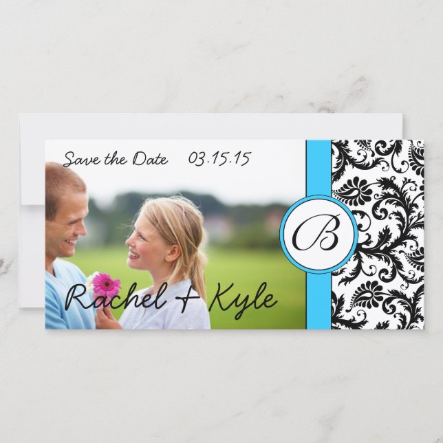 Bright Aqua Black Damask Save the Date Your Photo (Front)