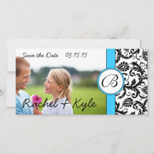 Bright Aqua Black Damask Save the Date Your Photo