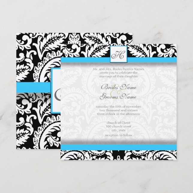 Bright Aqua Black Silver Wedding Invitations (Front/Back)