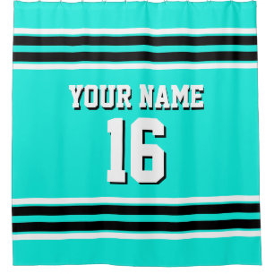 Bright Aqua Black White Stripes Sports Jersey Shower Curtain