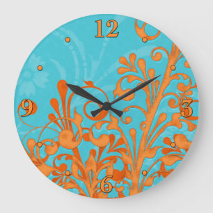 Bright Aqua Blue and Orange Floral Wall Clock