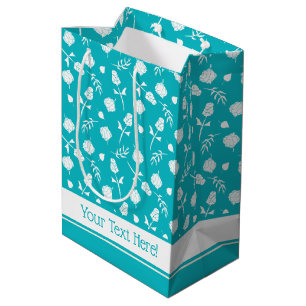 Bright Aqua Blue and White Rosebud Floral Pattern Medium Gift Bag