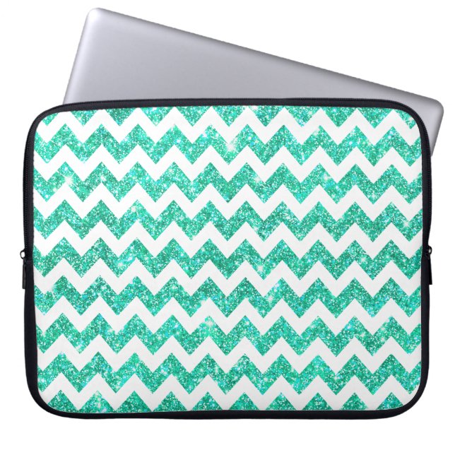 Bright Aqua Blue Faux Glitter White Chevron Girly Laptop Sleeve (Front)