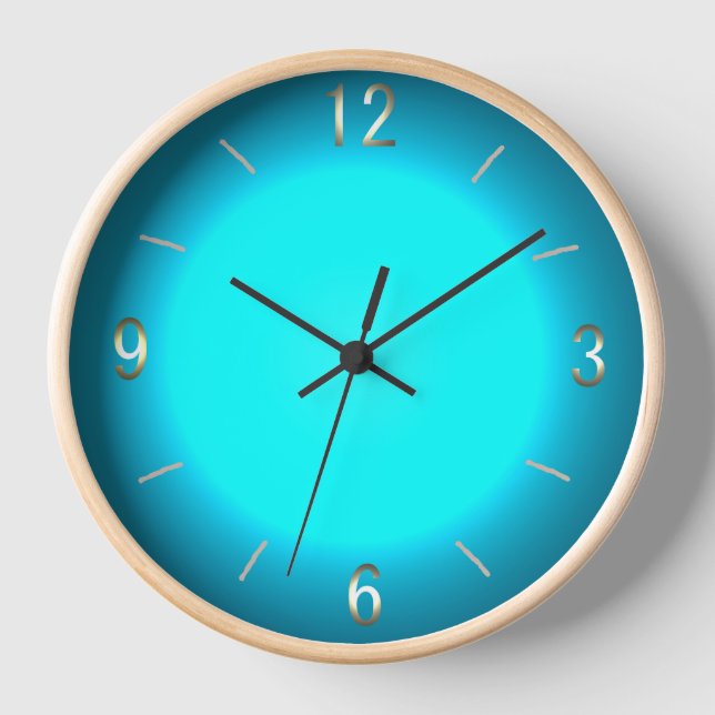Bright Aqua Blue Moon with Natural Wood Frame Clock (Front)