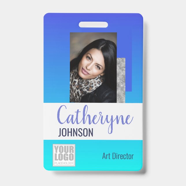 Bright Aqua Blue Ombre Logo Barcode ID Template Badge (Front)