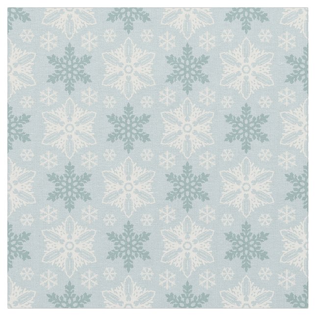 Bright Aqua Blue Teal White Snowflake Pattern Fabric (Close Up)