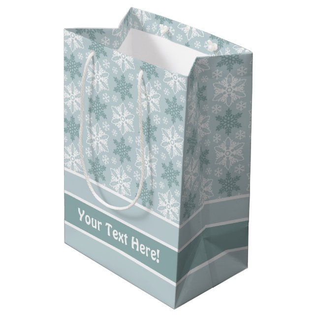 Bright Aqua Blue Teal White Snowflake Pattern Medium Gift Bag (Back Angled)