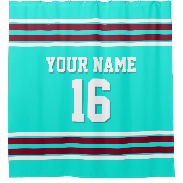 Bright Aqua Burgundy White Stripes Sports Jersey Shower Curtain (Front)