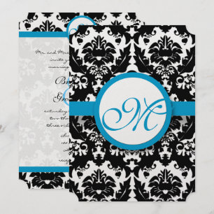 Bright Aqua Damask Heart Swirls Wedding Invitation