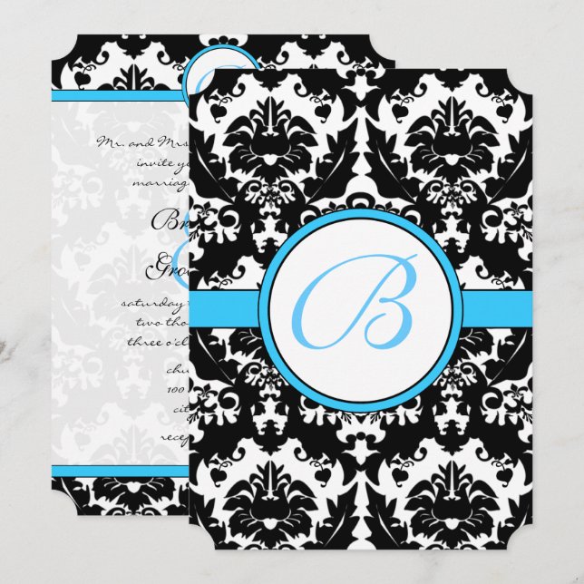 Bright Aqua Damask Heart Swirls Wedding Invitation (Front/Back)