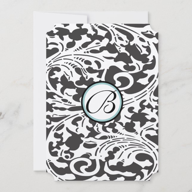 Bright Aqua Damask Leaf Swirls Wedding Invitation (Back)