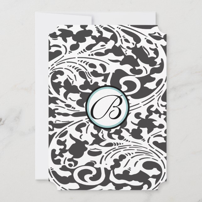 Bright Aqua Damask Leaf Swirls Wedding Invitation (Back)
