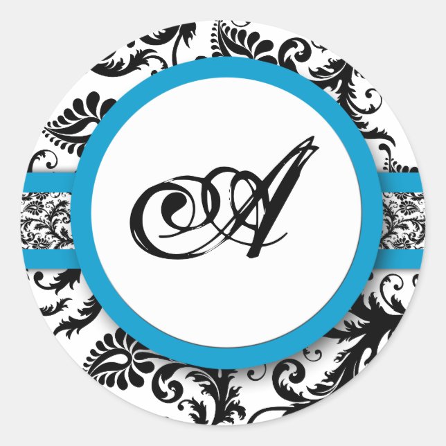 Bright Aqua Damask Monogram Wedding Stickers (Front)