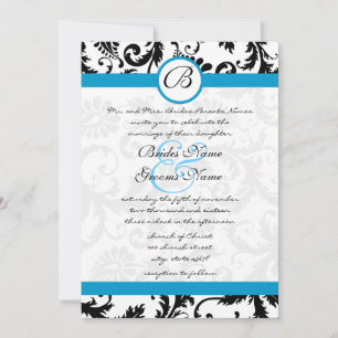 Bright Aqua Damask Swirls Wedding Invitation 5 x 7