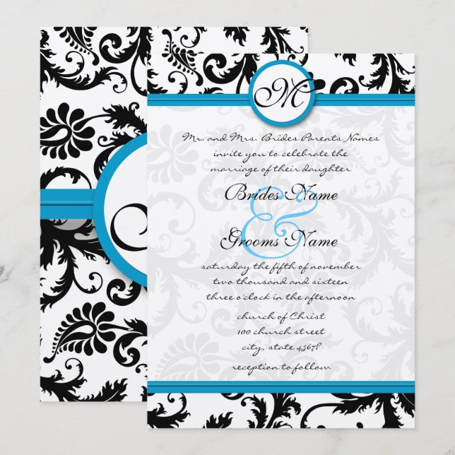 Bright Aqua Damask Swirls Wedding Invitation 5 x 7 (Front/Back)