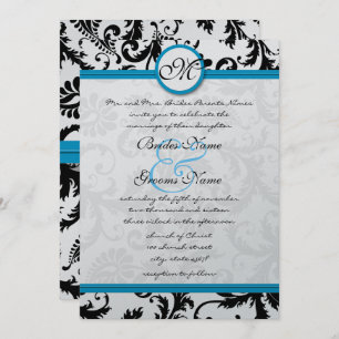 Bright Aqua Damask Swirls Wedding Invitation 5 x 7