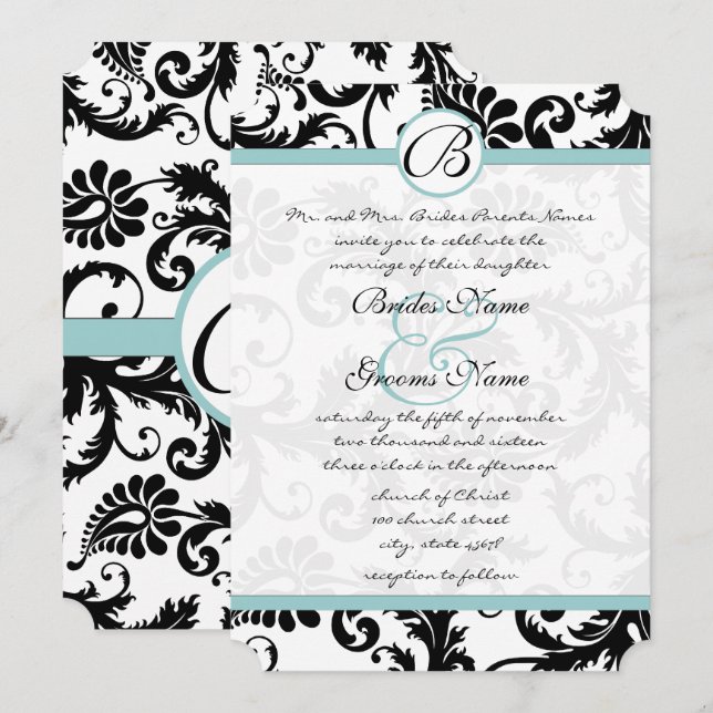 Bright Aqua Damask Swirls Wedding Invitation 5 x 7 (Front/Back)