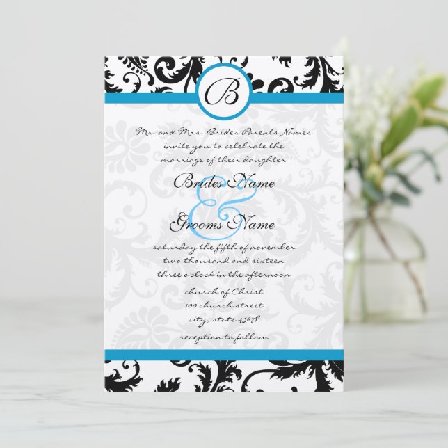 Bright Aqua Damask Swirls Wedding Invitation 5 x 7 (Standing Front)