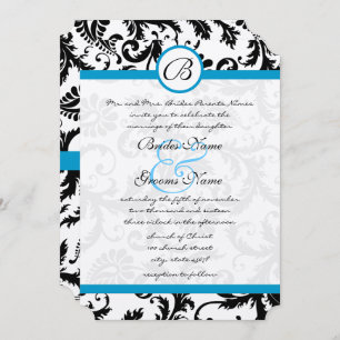 Bright Aqua Damask Swirls Wedding Invitation 5 x 7