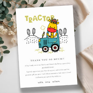 Bright Aqua Giraffe In Farm Tractor Boys Birthday Thank You Card