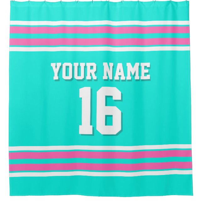 Bright Aqua Hot Pink White Stripes Sports Jersey Shower Curtain (Front)
