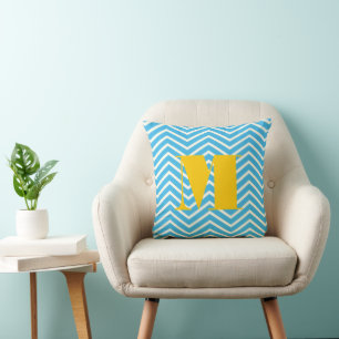 Bright Aqua Ivory and Grey Monogram Zig Zag Cushion