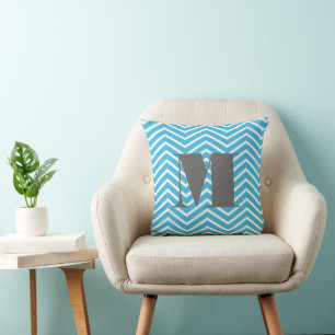 Bright Aqua Ivory and Grey Monogram Zig Zag Cushion
