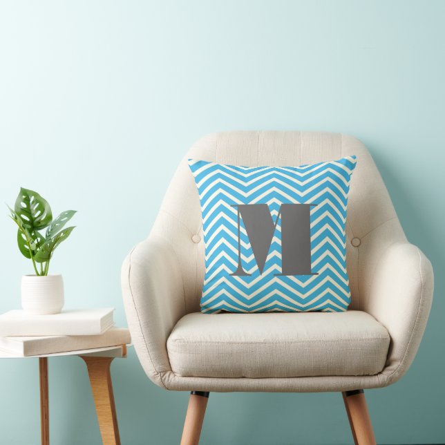 Bright Aqua Ivory and Grey Monogram Zig Zag Cushion (Chair)
