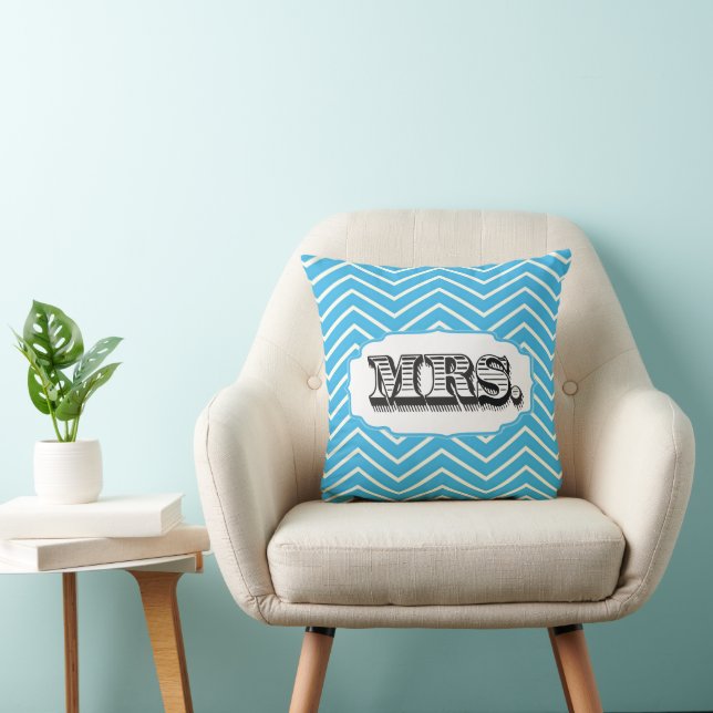 Bright Aqua Mrs Bride Zig Zag Pattern Pillow (Chair)