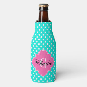 Bright Aqua White Dots Hot Pink Quatr Name Initial Bottle Cooler
