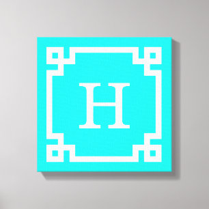 Bright Aqua White Greek Key #2 Framed Monogram Canvas Print