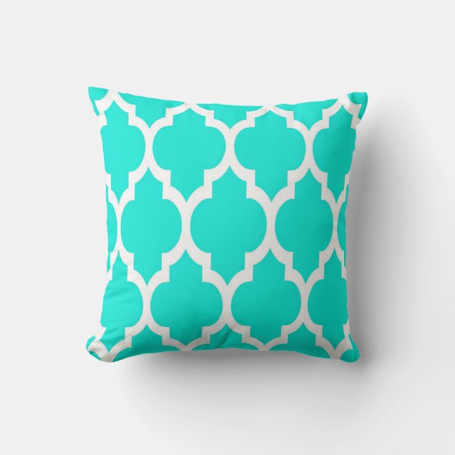 Bright Aqua White Moroccan Quatrefoil Pattern #4 Cushion (Front)