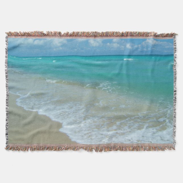 Bright Aqua White Waves Crashing on Beach Shore Throw Blanket (Front)