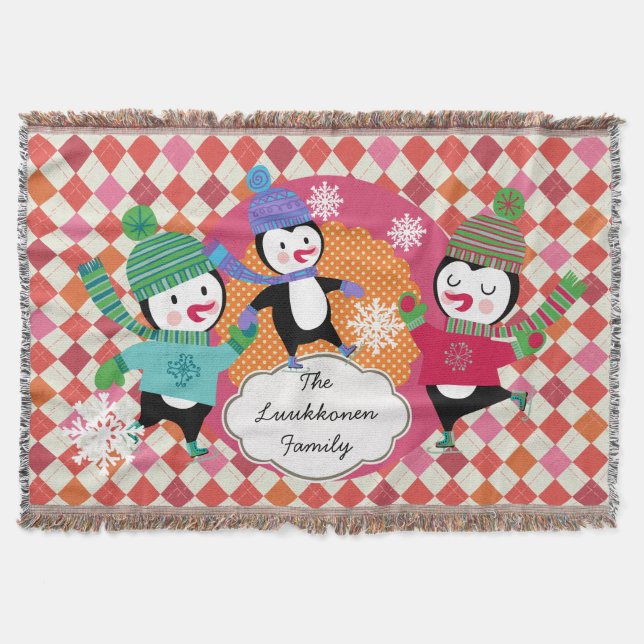 Bright Argyle Skating Penguins Holiday Throw (Front)