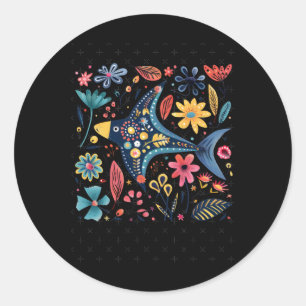Bright Artistic Illustration Of Fish With Flowers Classic Round Sticker