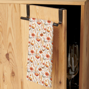 Bright autumn boho botanical print tea towel