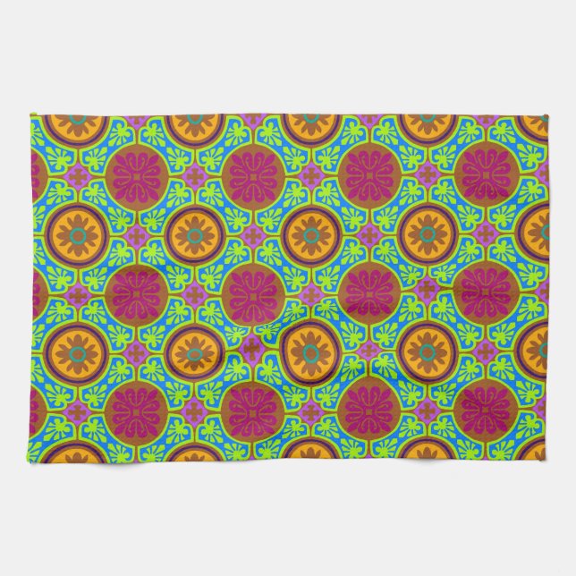 Bright Aztec Tile Tea Towel (Horizontal)