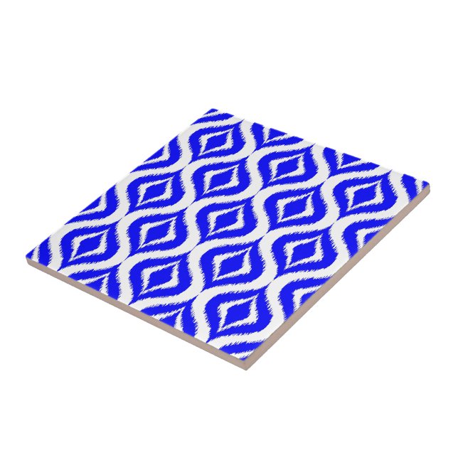 Bright Azure Blue Retro Chic Ikat Drops Pattern Tile (Side)