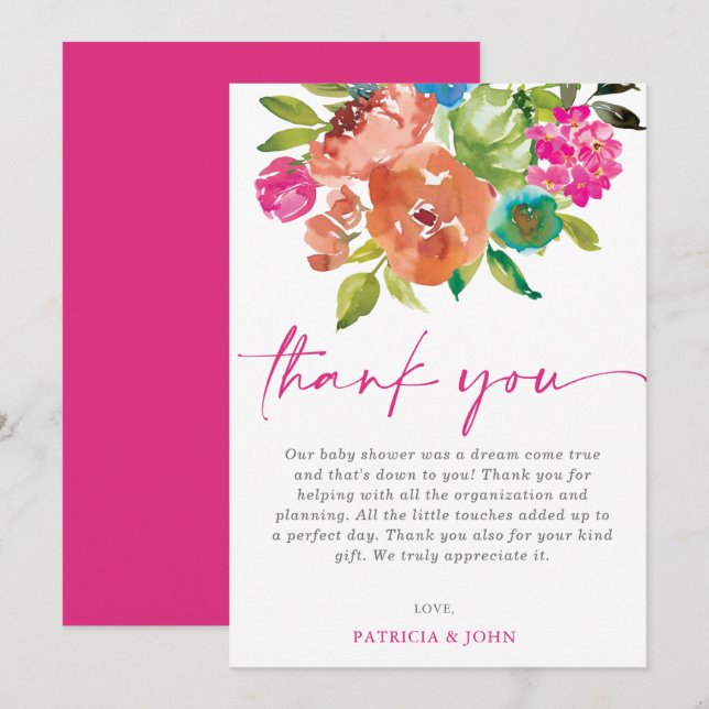 Bright Baby in Bloom Pink Floral Girl Baby Shower Thank You Card (Front/Back)