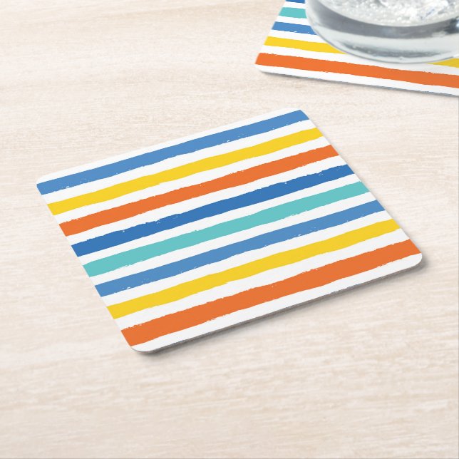 Bright Beachy Striped Pattern Square Paper Coaster (Angled)