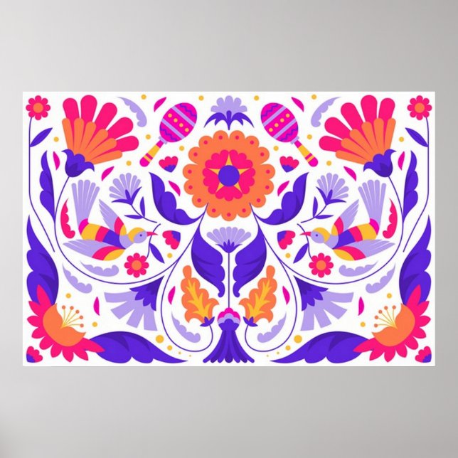 Bright Beautiful Mexican Floral Folk Art Poster (Front)
