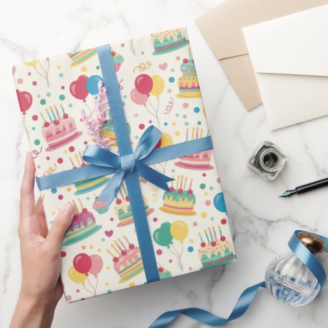 Bright Birthday Cakes and Balloons Wrapping Paper (Gifting)