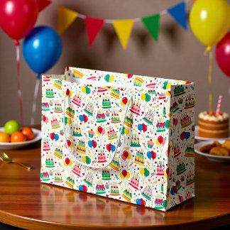 Bright Birthday Cakes and Balloons Wrapping Paper Large Gift Bag