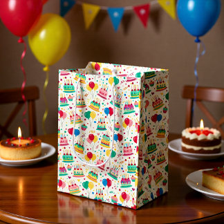 Bright Birthday Cakes and Balloons Wrapping Paper Medium Gift Bag