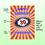 Bright birthday custom name and age retro card<br><div class="desc">The background for this eye-catching birthday card is an explosion in deep red and yellow, with a blue-edged burst to emphasise the number. There is a vintage comic retro vibe to the design with crisp bright colours and images. Edit the Happy Birthday greeting, edit the number, change the name, and...</div>