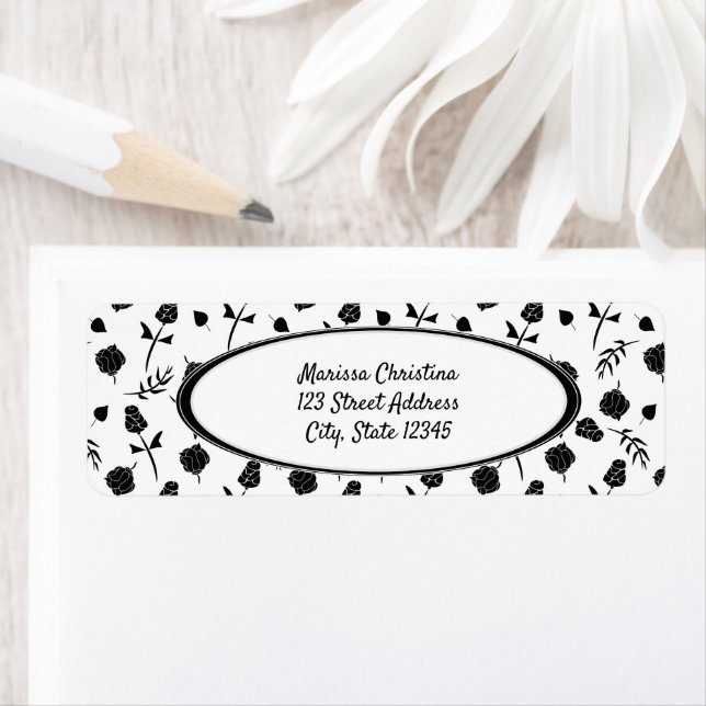 Bright Black and White Floral Pattern Label (Insitu)