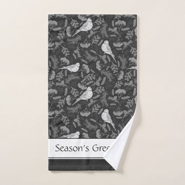 Bright Black and Winter White Birds Floral Pattern Bath Towel Set (Hand Towel)