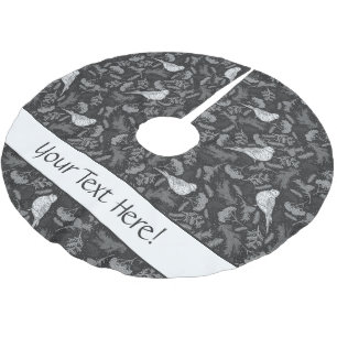 Bright Black and Winter White Birds Floral Pattern Brushed Polyester Tree Skirt
