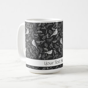 Bright Black and Winter White Birds Floral Pattern Coffee Mug