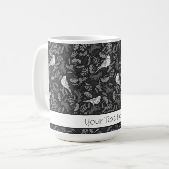 Bright Black and Winter White Birds Floral Pattern Coffee Mug (Front Left)